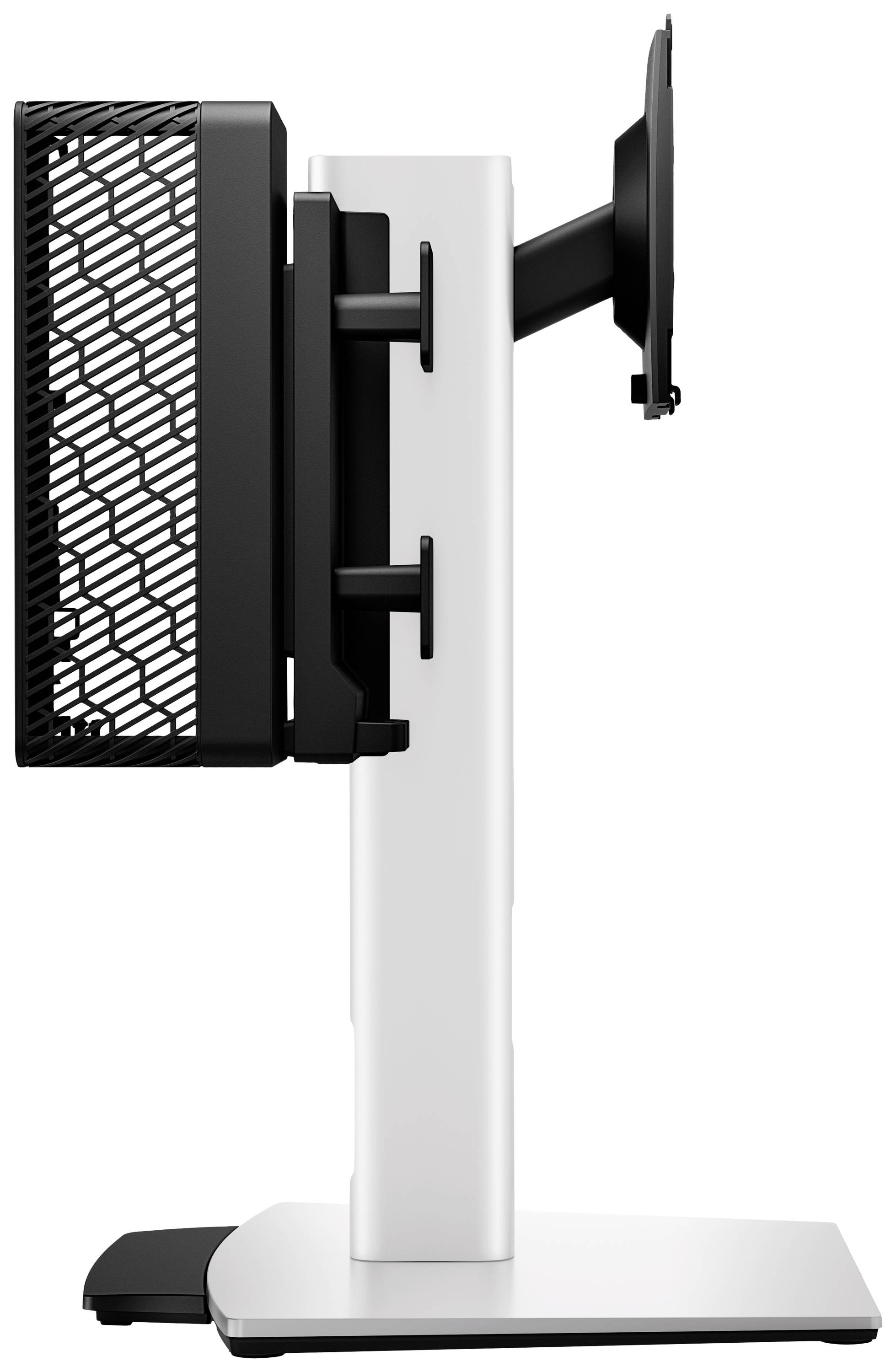 Zijaanzicht van een monitorstandaard met zwart-wit design. Bevat bevestigingsbeugels om een computer of beeldscherm te monteren.