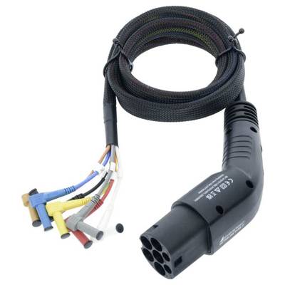 Laadkabeladapter met meerdere aansluitingen voor elektrische voertuigen, toont verschillende soorten aansluitingen en een spiraalvormige kabelmantel.