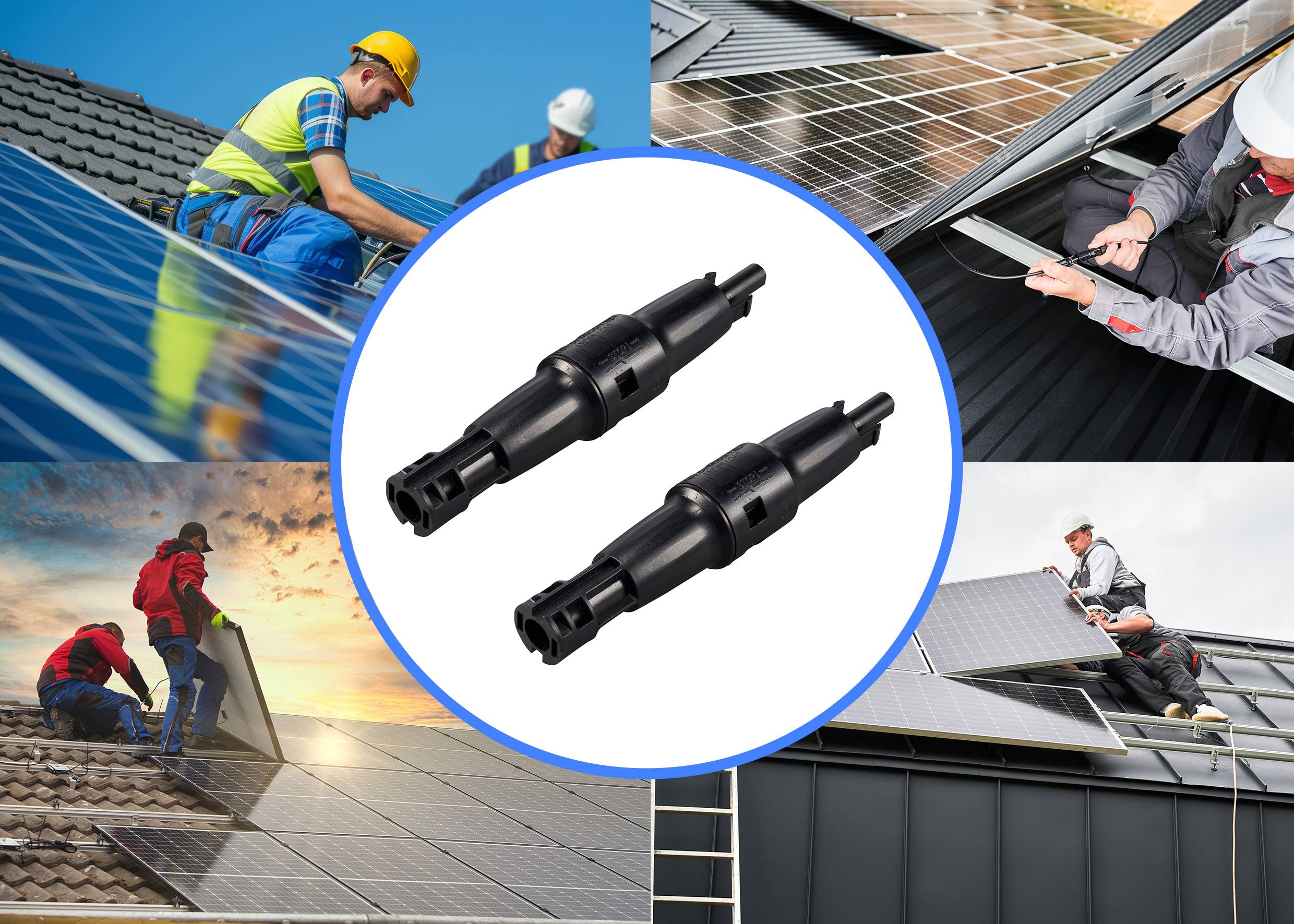 'Arbeiders installeren zonnepanelen op daken. In het midden van de beeldmontage zijn twee zwarte connectoren zichtbaar.'