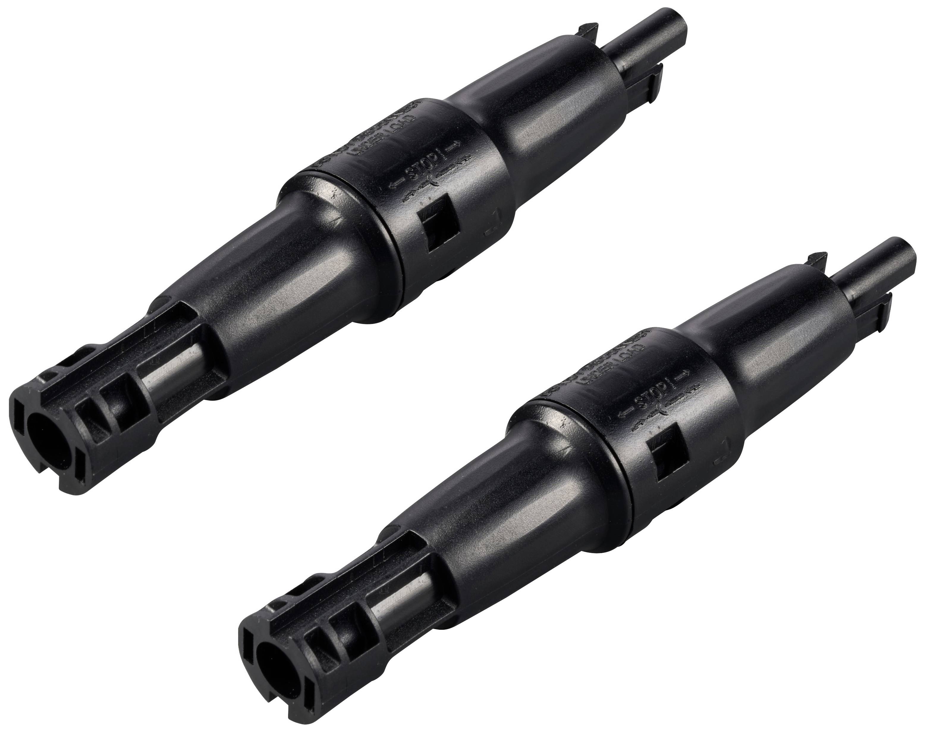 Twee zwarte stekkerverbindingen, typisch gebruikt voor solarkabels, naast elkaar op een witte achtergrond.