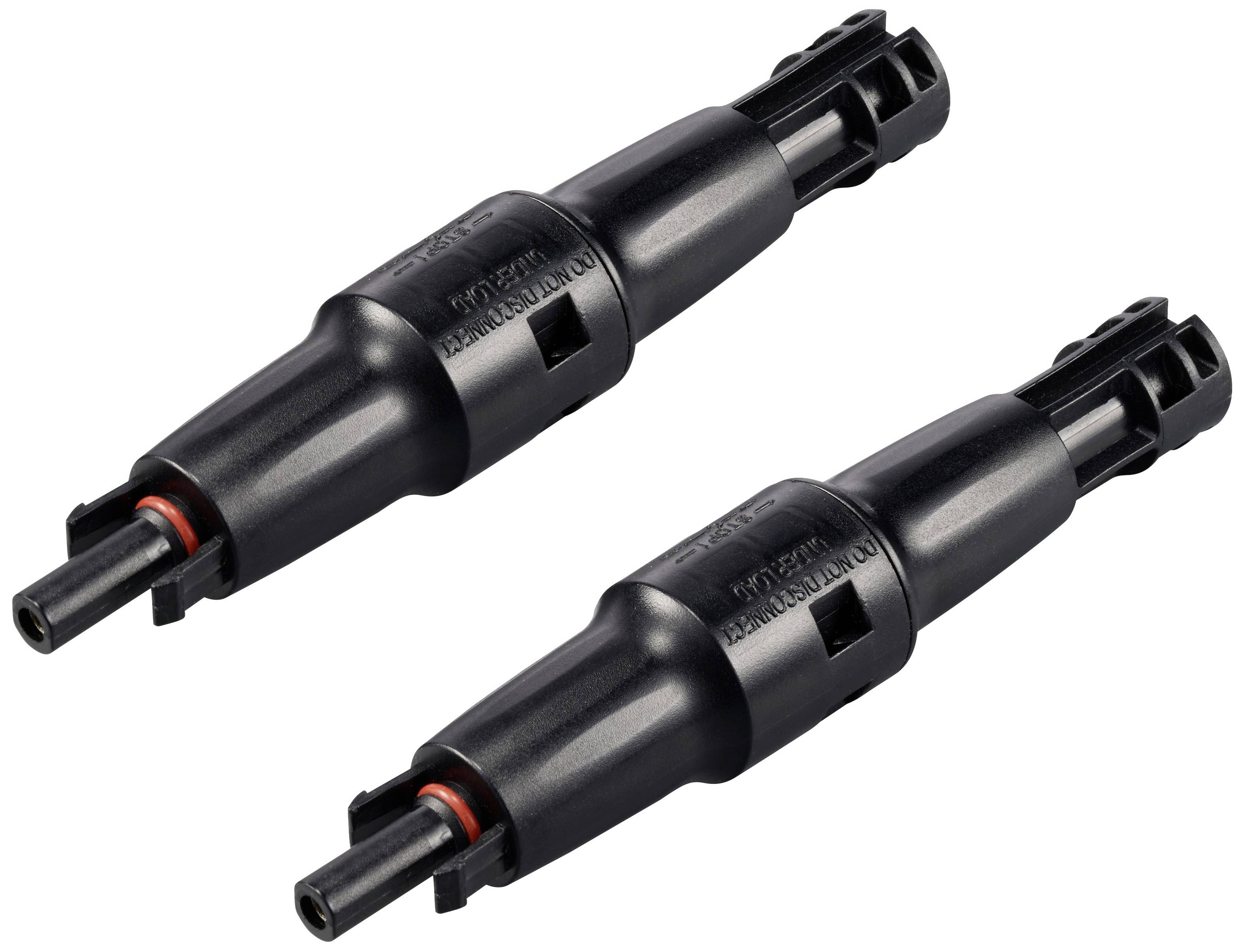 Twee zwarte elektrische klemmen met rode afdichtingen, gebruikt voor het verbinden van zonnepanelen in fotovoltaïsche installaties.