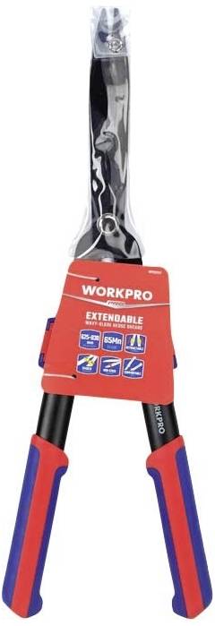 Een rode en blauwe takkenschaar met het opschrift 'Workpro', uitgerust met telescopische handgrepen voor gemakkelijk snijden.
