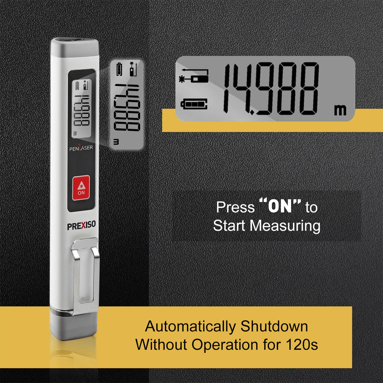 Digitale afstandsmeter met display. Toont afstand van '14.988 m'. Toetsen: 'ON' om de meting te starten, automatische uitschakeling na 120 seconden zonder gebruik.