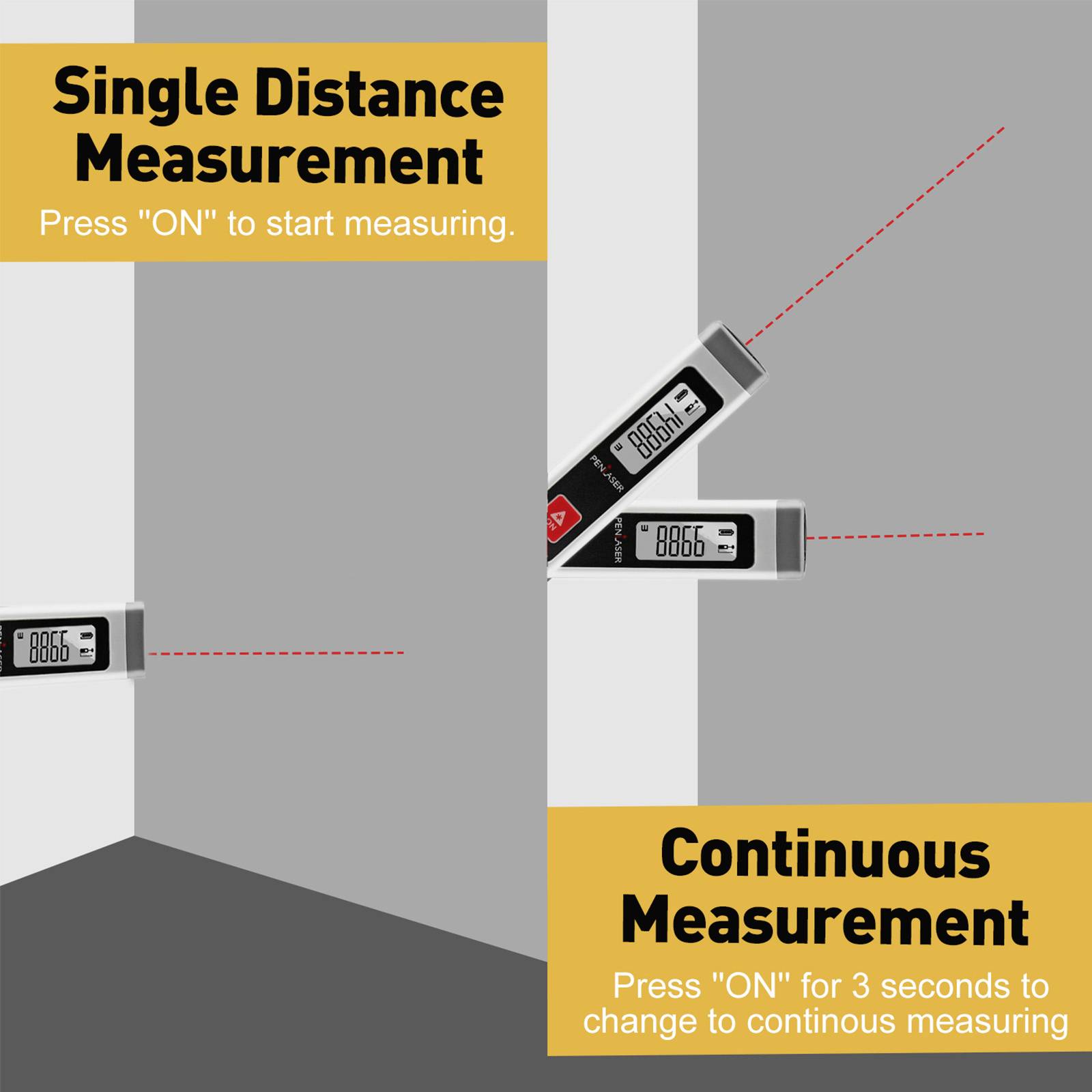 De afbeelding toont een afstandsmeter aan een muur. Links bovenaan staat: 'Enkele meting - Druk op ON om te starten'. Rechts onderaan staat: 'Continu - Houd ON 3 seconden ingedrukt'.