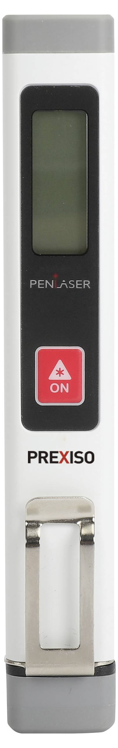 'PREXISO' Laserafstandsmeter met display en rode 'AAN'-toets onderaan, rechthoekige vorm, zilverkleurig met zwarte details.