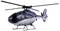 Een donkerblauwe modelhelikopter zwevend in de lucht, zijaanzicht, met witte strepen en gedetailleerde rotorbladen.