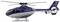 Een blauwe helikopter met witte strepen en een rood logo is zijdelings te zien.