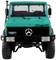 Een turquoise Unimog 1300 L van voren, met grote banden en een Mercedes-logo op de radiatorrooster.