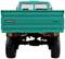 Achteraanzicht van een turquoise Unimog U1300 L met robuuste banden en zichtbare chassisstructuur.