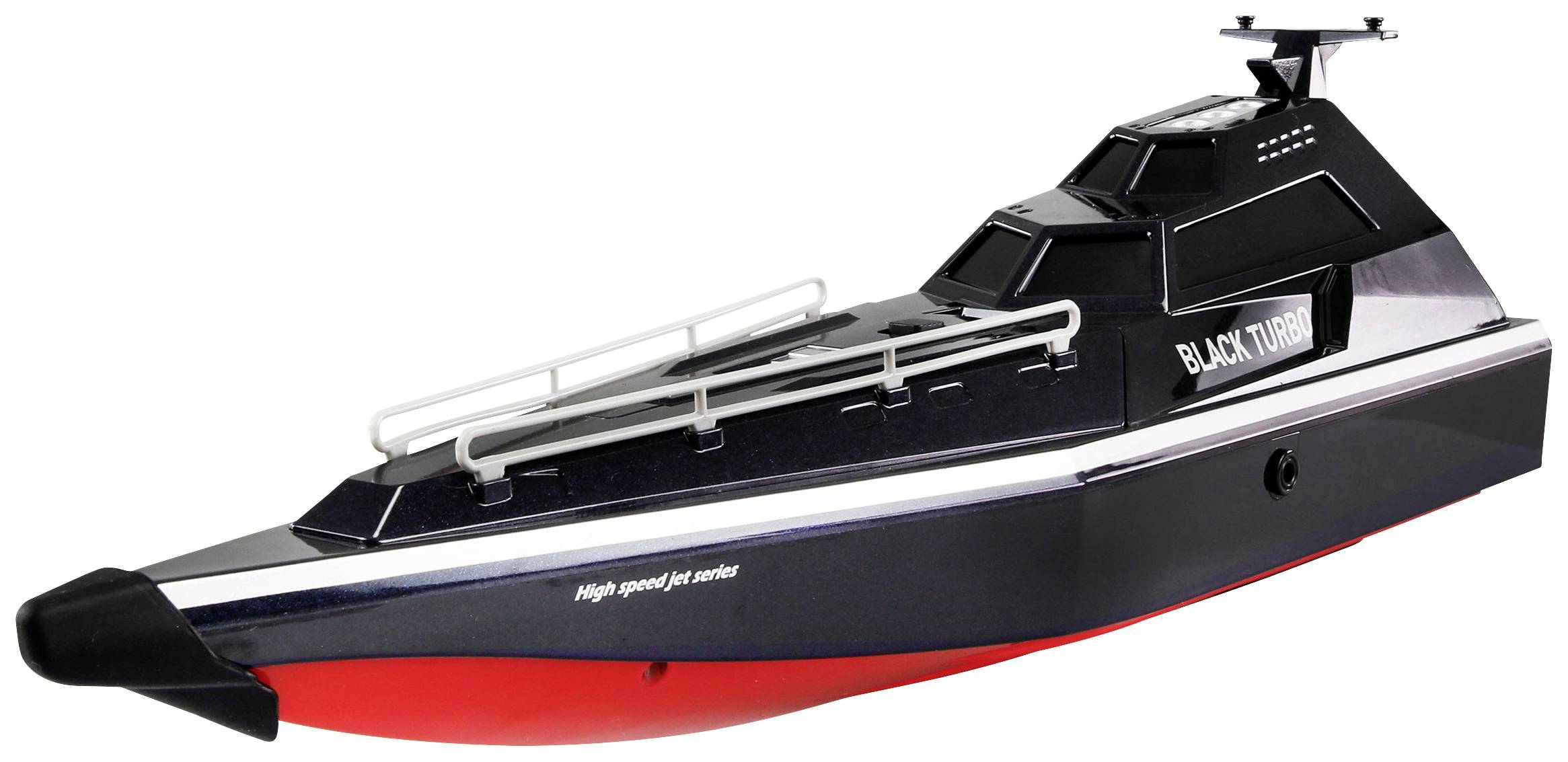 Een zwart modelboot genaamd 'Black Turbo', uitgerust met een rode romp en witte reling, weergegeven op een witte achtergrond.
