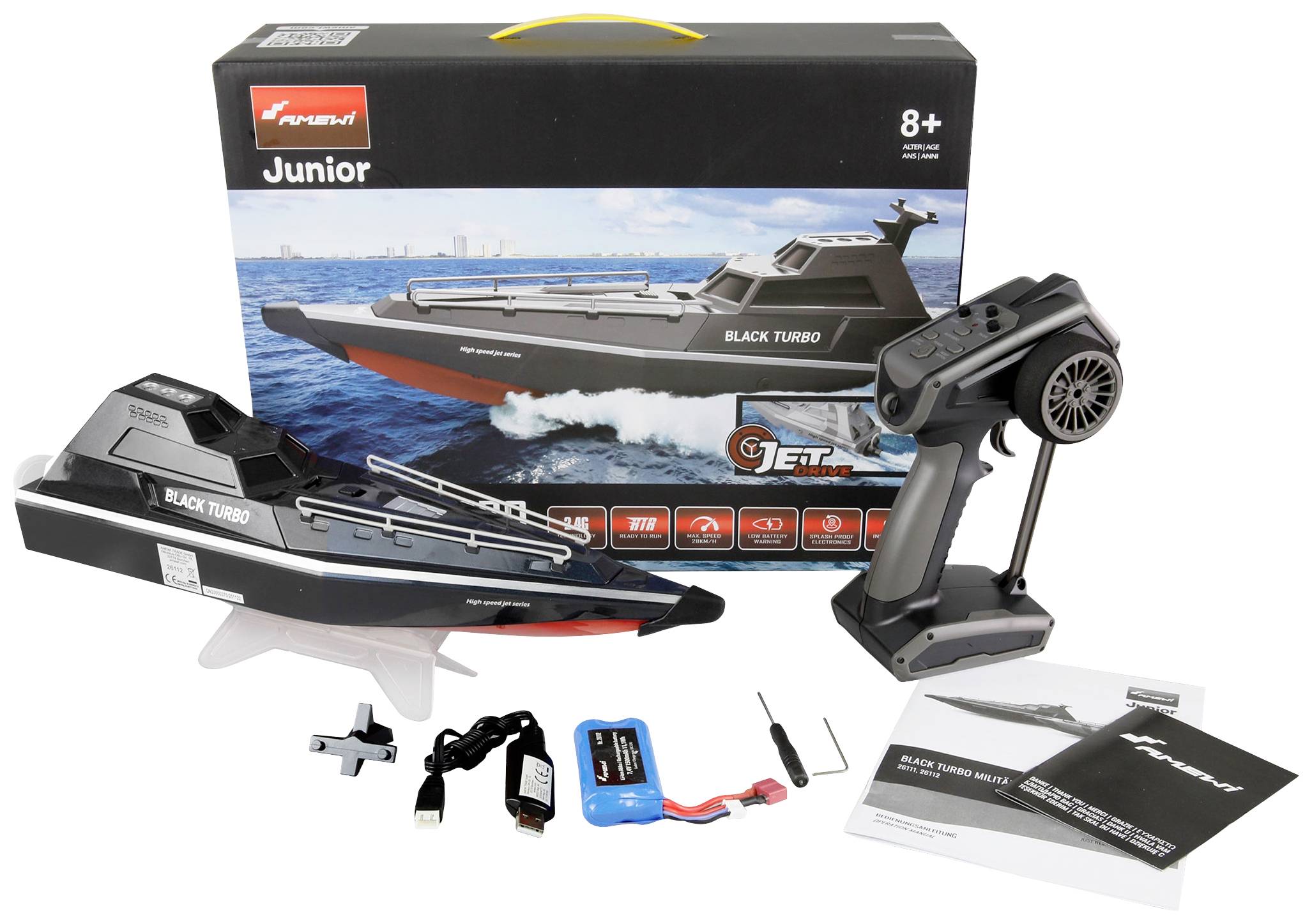 Afstandbestuurbare boot 'Black Turbo' Set met afstandsbediening, oplader en toebehoren. Verpakking toont een actieafbeelding van de boot. Geschikt voor kinderen vanaf 8 jaar.