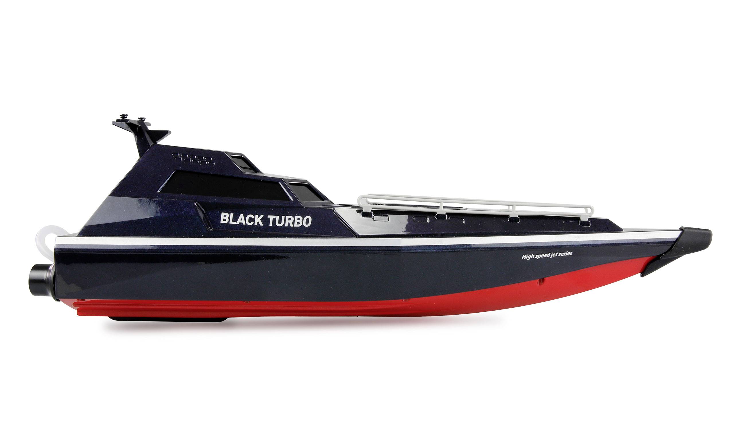 Speelgoed-Black-Turbo-snelboot van kunststof, zwart-rood, zijaanzicht, heldere lijnen, geen omgeving zichtbaar.