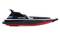 Speelgoed-Black-Turbo-snelboot van kunststof, zwart-rood, zijaanzicht, heldere lijnen, geen omgeving zichtbaar.