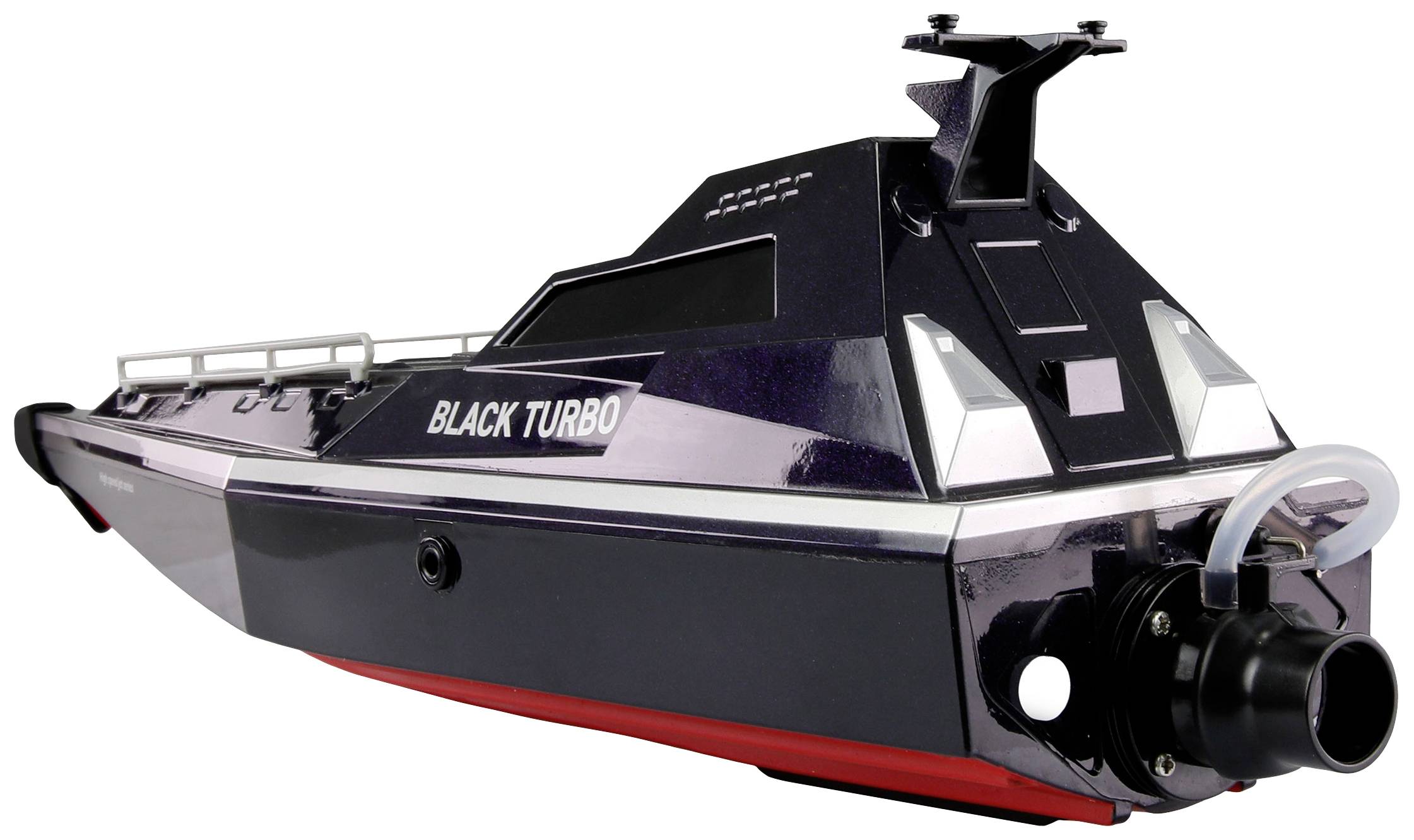 Een afstandsbediend modelboot met de tekst 'Black Turbo' aan de zijkant, zwart en rood design, achteraanzicht op de motor.