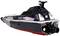 Een afstandsbediend modelboot met de tekst 'Black Turbo' aan de zijkant, zwart en rood design, achteraanzicht op de motor.