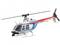 Een modelhelikopter met een blauwe, rode en witte beschildering. Hij heeft de tekst 'FLITE ZONE' aan de zijkant.