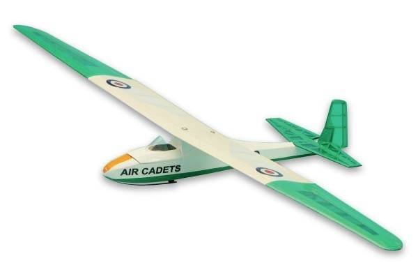 Modelvliegtuig met de tekst 'Air Cadets' op de romp. Groen-wit met militaire insignes op de vleugels.