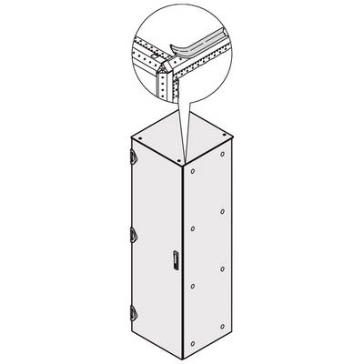 Een rechthoekige metalen kast met meerdere deuren en een ingezoomde weergave die de versterkte bovenhoek laat zien.
