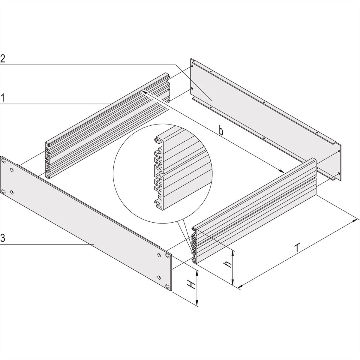 Technische tekening van een onderdeel. Het toont de afmetingen b, T, H, met een lengtedoorsnede. Details van een profielstructuur zijn gemarkeerd.