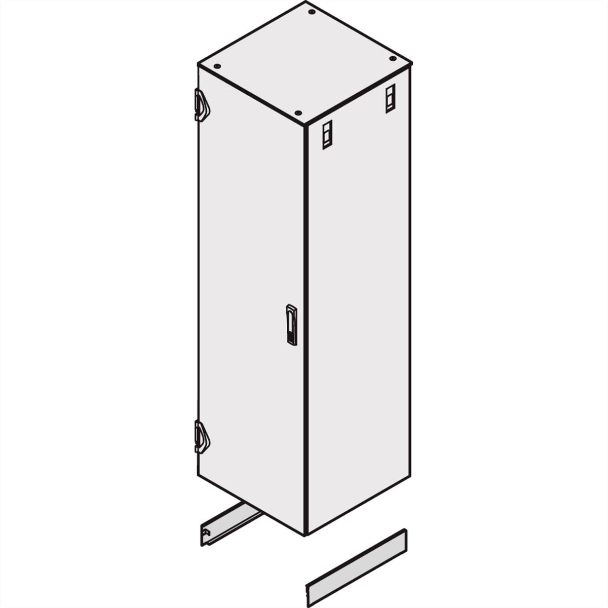 Een schematische tekening van een rechthoekige metalen kast met twee zijhandgrepen en een verwijderbaar bodenstuk onderaan.