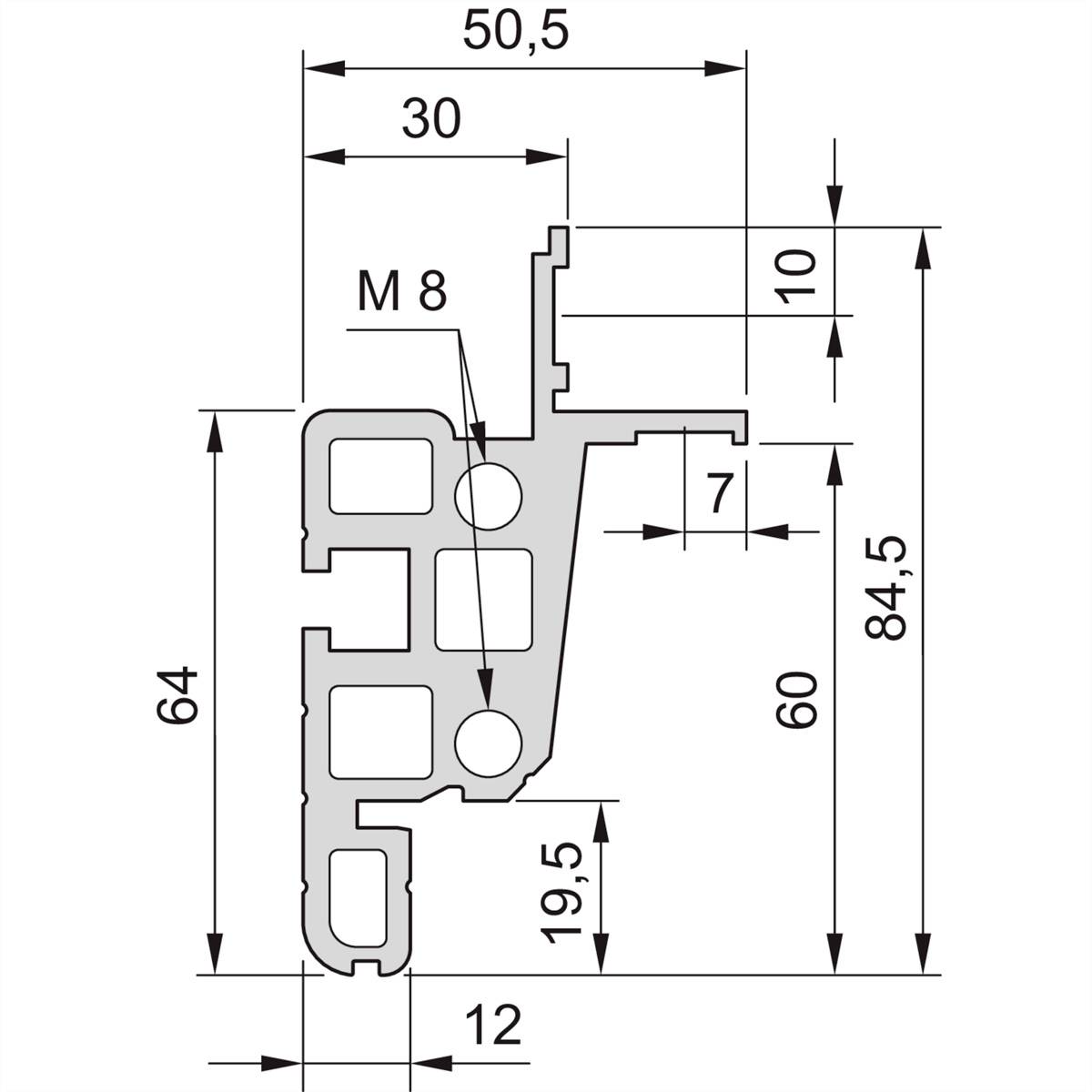 Dwarsdoorsnede van een technische tekening van een profiel met maatvoering: breedte 50,5 mm, hoogte 84,5 mm, schroefgrootte M8.