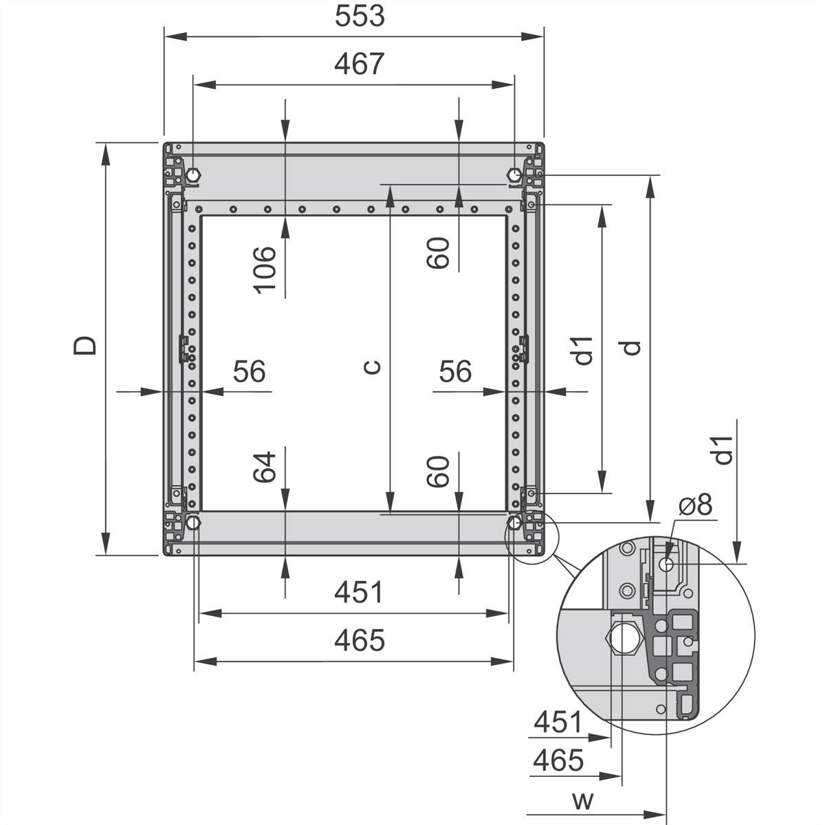Technische tekening van een vierkante lijst met gedetailleerde maatvoering in millimeters. Hoofdafmetingen: 553 x 467 mm.