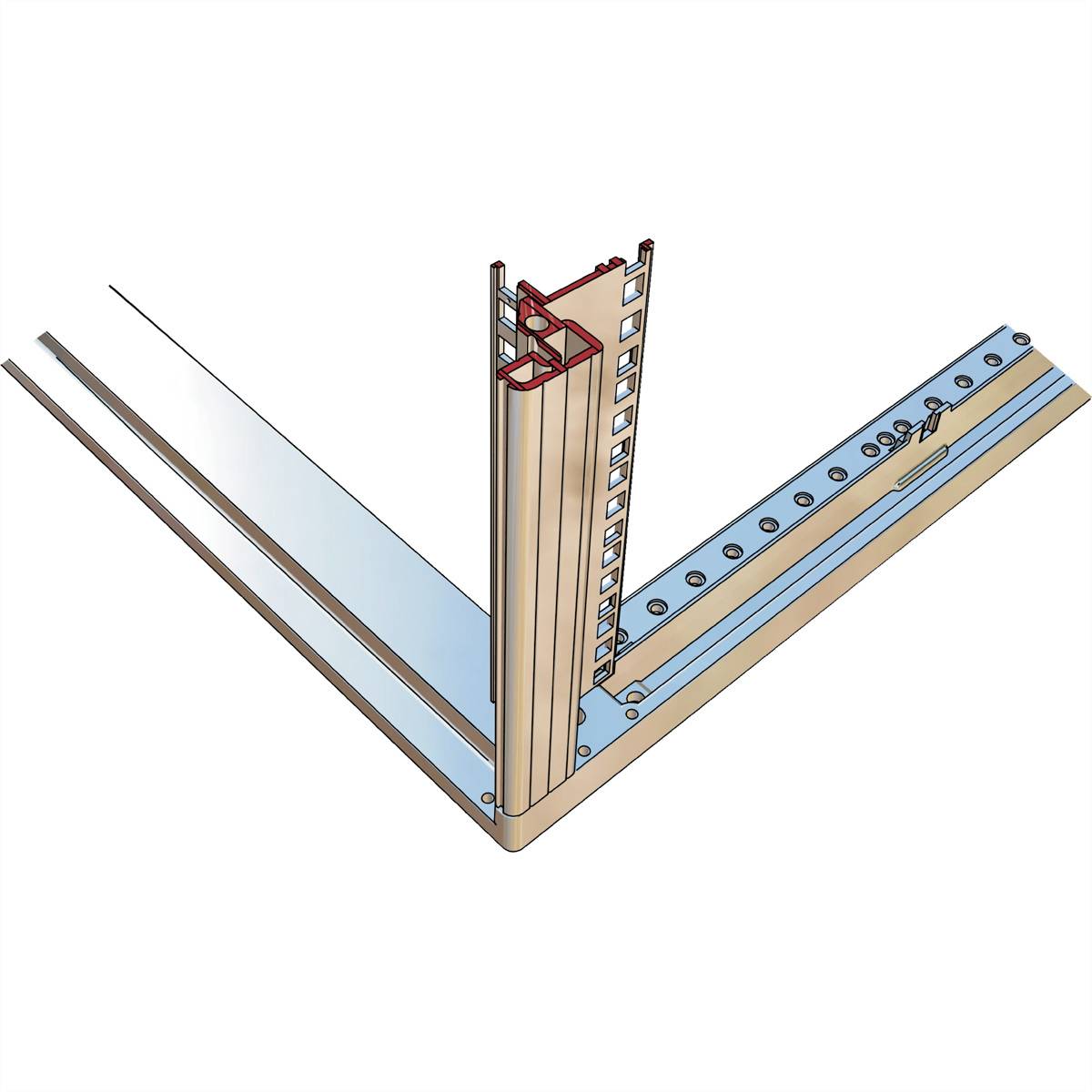 Metalen L-vormig profielprofiel in grijs en beige. Toont montageonderdelen en uitstekende randen, weergave van verbindingen.