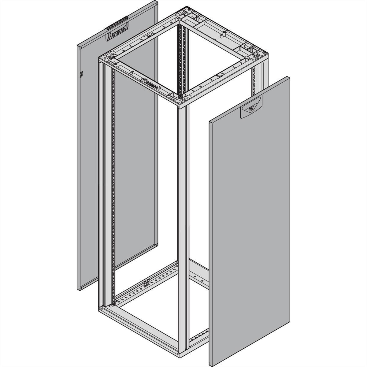 Een geopende configuratie van een rechthoekig kastensysteem met zichtbare frameonderdelen en gedeeltelijk verwijderde zijwanden.