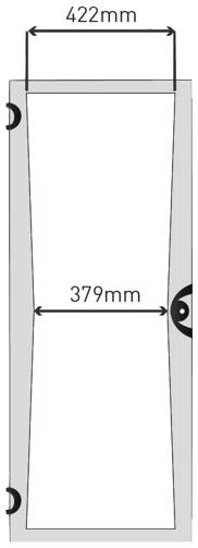 Diagram van een deurblad met schuine zijden. Boven breedte '422mm', midden '379mm'. Twee scharnieren links, een deurgreep rechts.