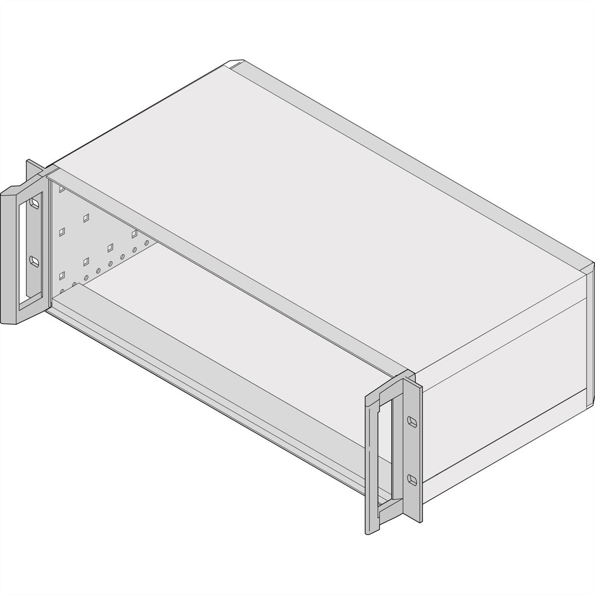 Isometrische tekening van een rechthoekig metalen vormonderdeel met zijdelingse bevestigingsvlakken en boringen, waarschijnlijk bedoeld voor gebruik in constructies.