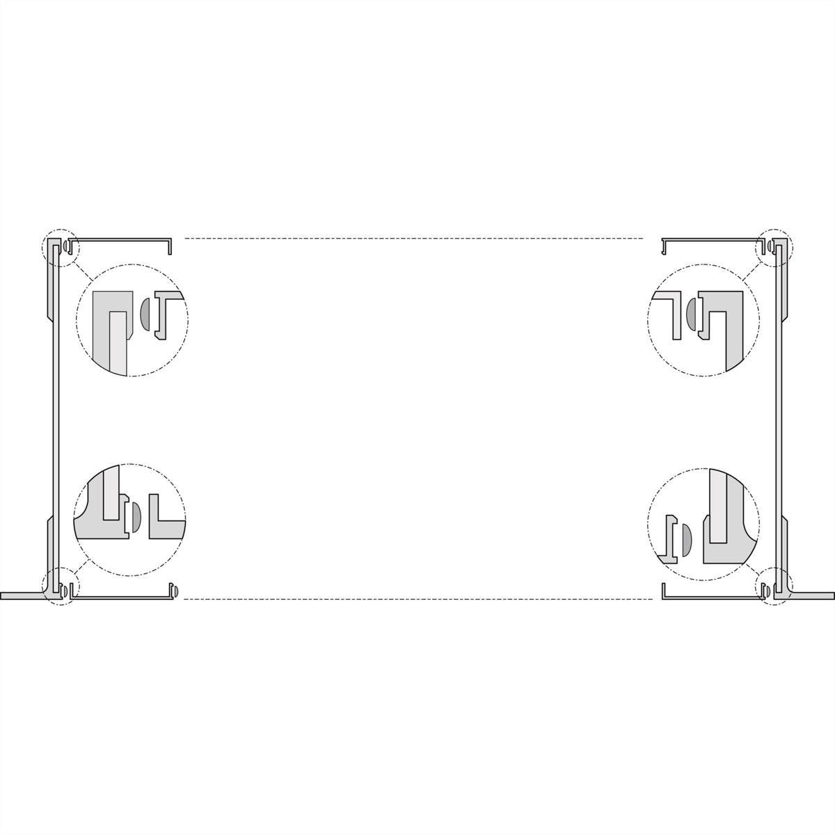 Technische tekening van een rechthoekig frame met vier afgeronde hoeken, waarbij elke hoek een herkenbaar mechanisme toont.