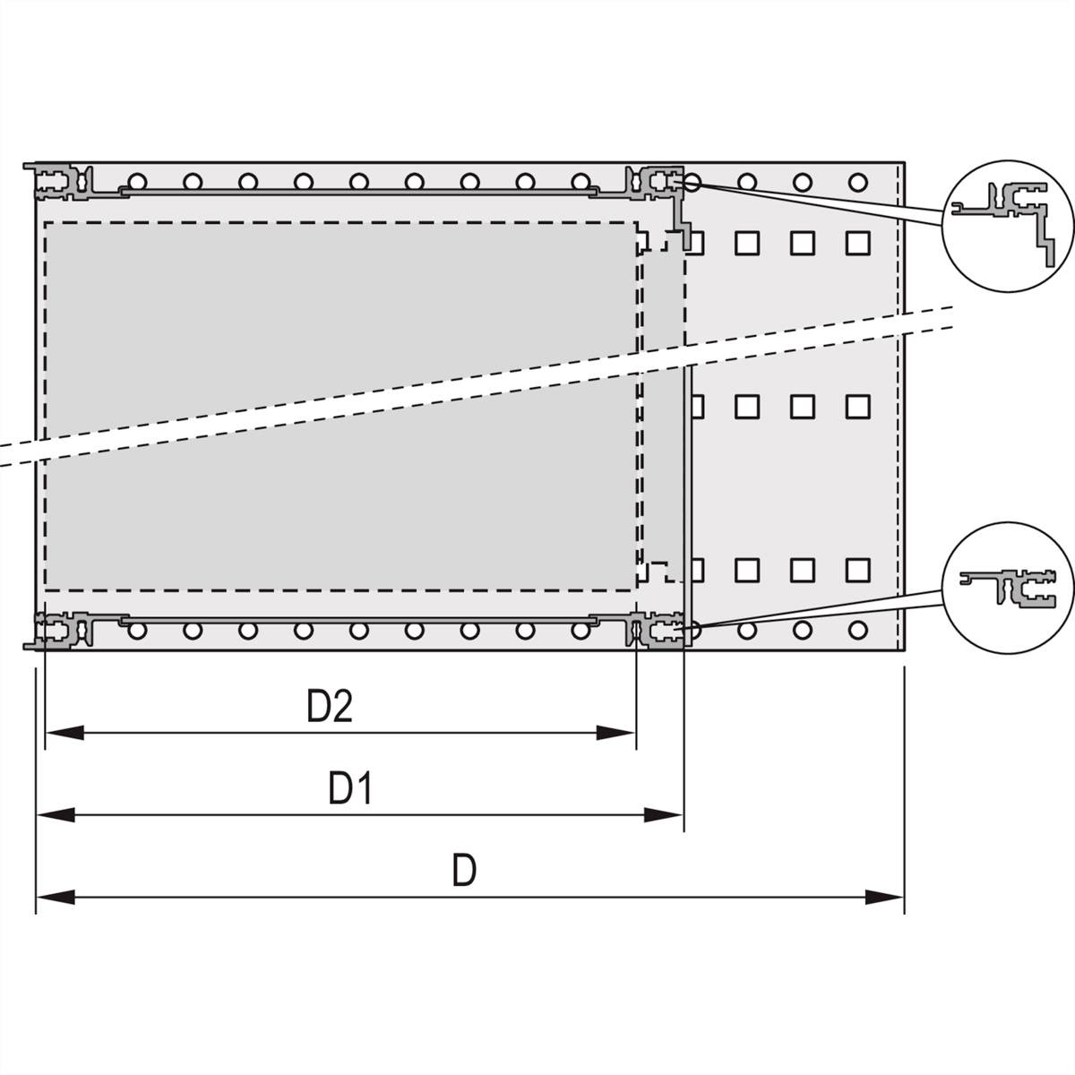 Technische tekening van een rechthoekig ventilatiekanaal met gedetailleerde afmetingen D en D1/D2; toont binnenstructuren en verbindingspunten.