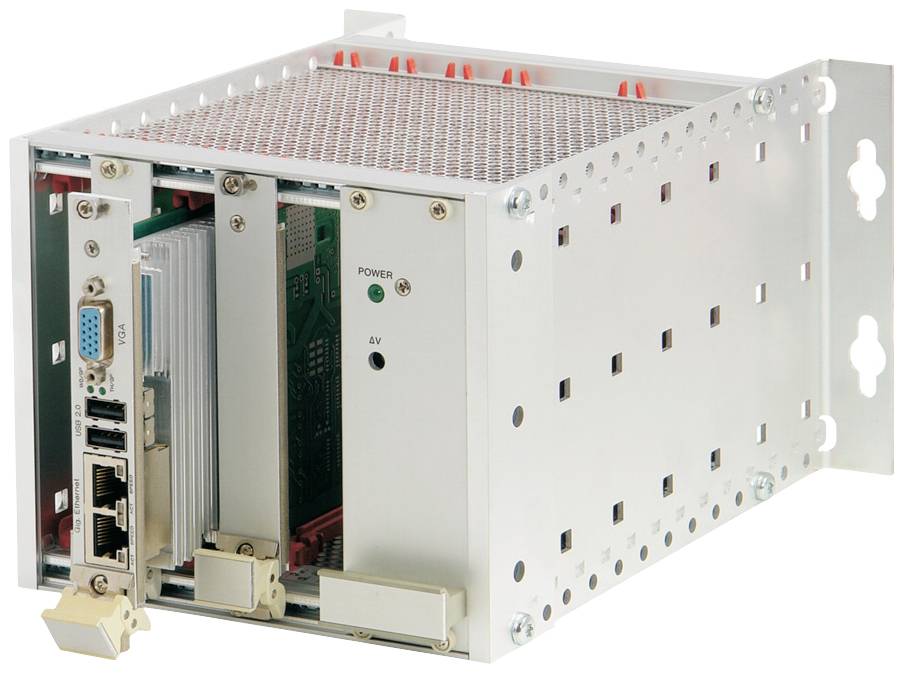 Een metalen elektronicabehuizing met meerdere stekkerkaarten en aansluitingsmogelijkheden, waaronder netwerk- en VGA-aansluitingen.