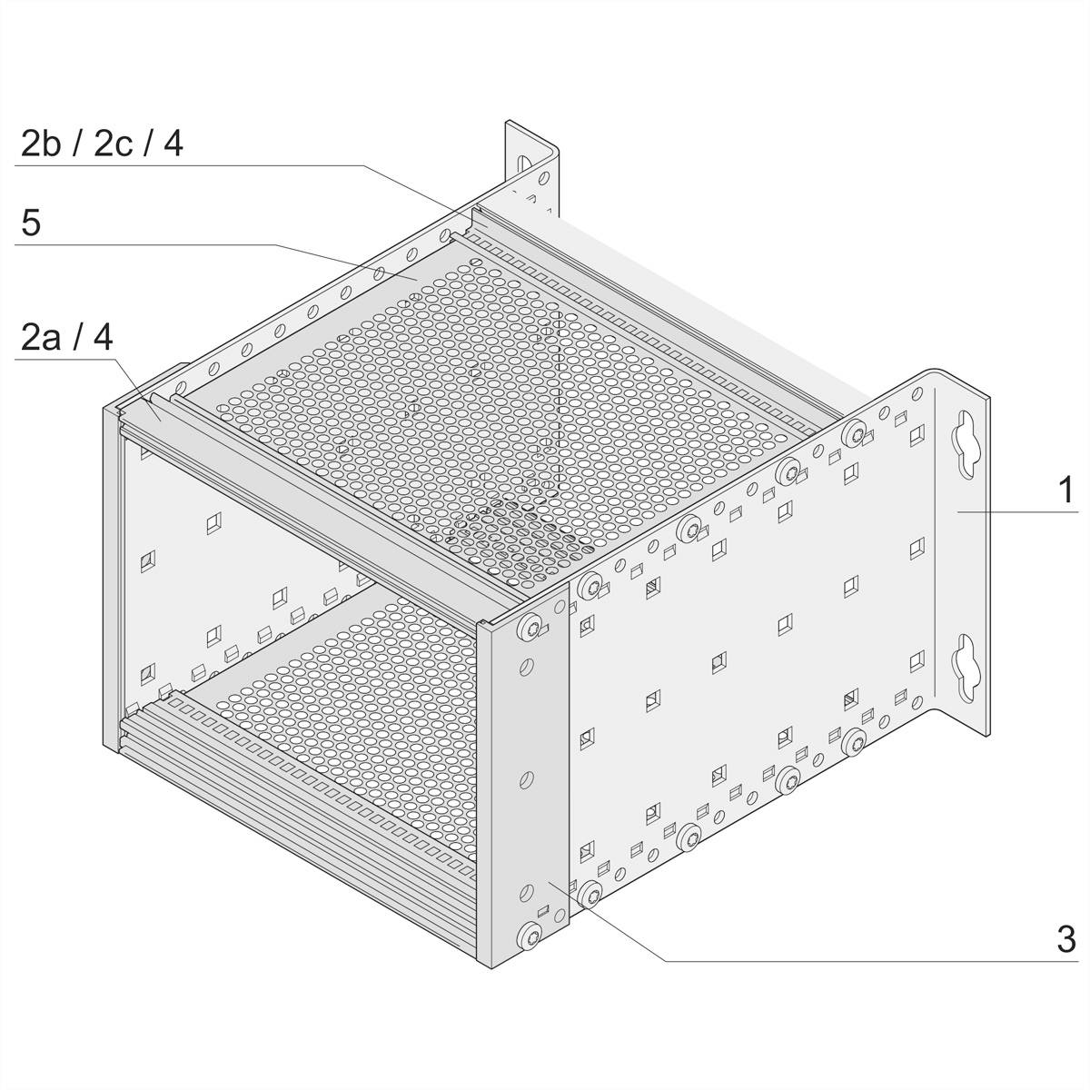 Afbeelding van een metalen frame met genummerde gebieden voor montage-instructies. Toont ventilatierooster en schroefposities.
