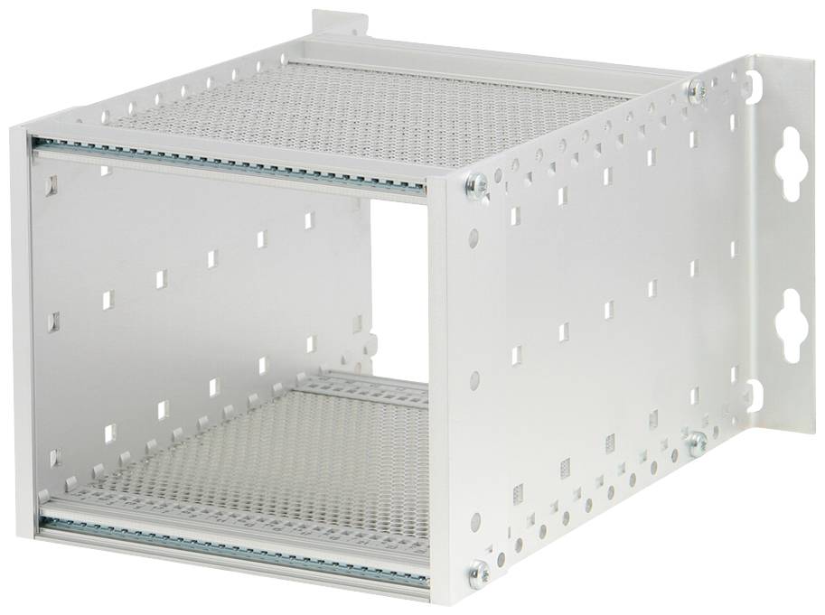 Metalen frame met rechthoekige vorm, open aan voor- en achterzijde. Geschikt voor het inbouwen van elektronische apparaten.