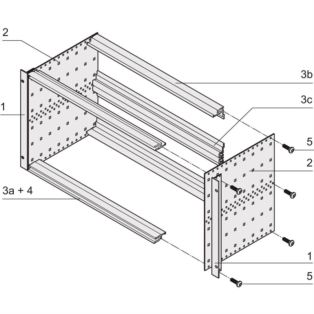 Explosietekening van een rechthoekig metalen frame met genummerde onderdelen: 1. Zijwanden, 2. Verbindingsstangen, 3a. bovenste rail, 3b. middelste rail, 3c. onderste rail, 4. Schroeven.
