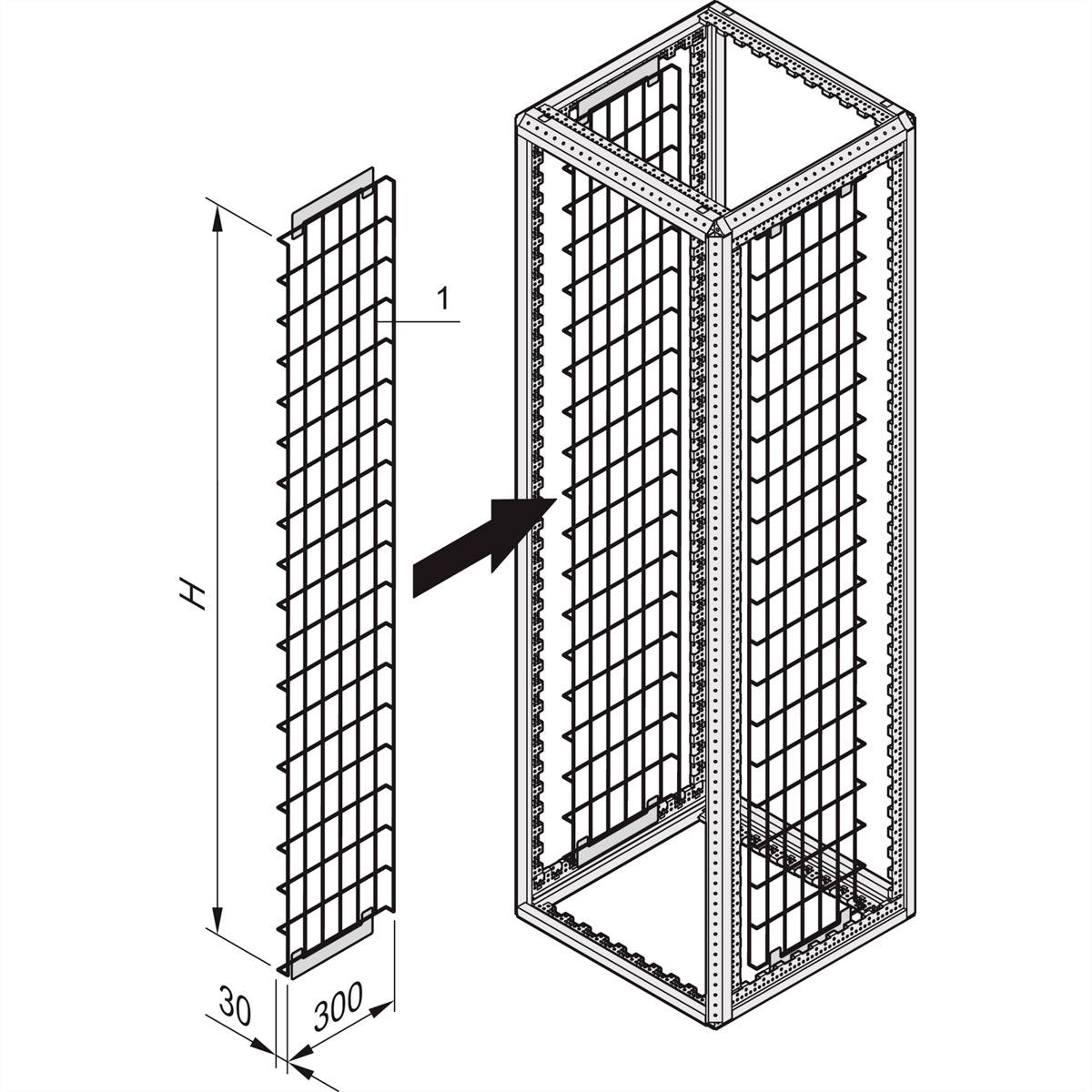 'Technische tekening van een roostkooiconstructie met afmetingen: 300 mm breedte x H hoogte. Pijl geeft de montage van de roosterplaat aan één zijde van de kooi aan.'