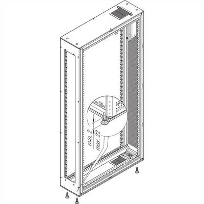 Tekening van een rechthoekig metalen frame met vier poten, toont gemonteerde verbindingselementen en afmetingen (min. 2, max. 27).