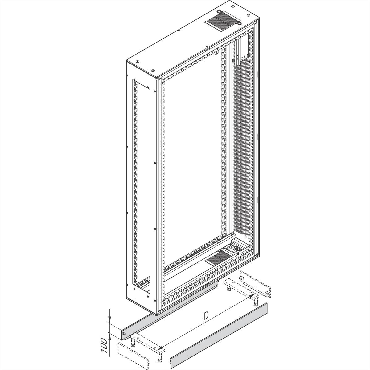 Een technische tekening van een serverrek met verwijderbare bodem- en dekplaten, gemarkeerd met afmetingen linksonder.