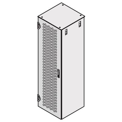 Een rechthoekige, staande serverrack met ventilatieopeningen aan de zijkanten en twee handgrepen.