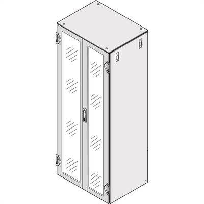 Metalen kast met dubbele deuren en glazen inzetten, gefotografeerd vanuit een licht verhoogd perspectief. Geschikt voor opslag of presentatiedoeleinden.