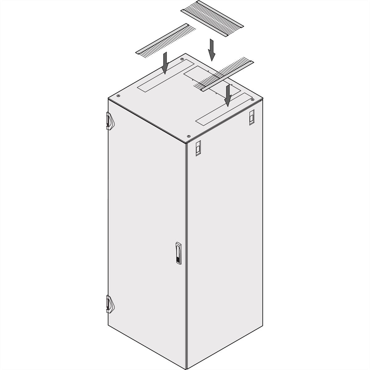 Een metalen kast met verwijderbare ventilatiesleuven bovenaan. Pijlen wijzen naar de sleuven en geven hun positionering aan.