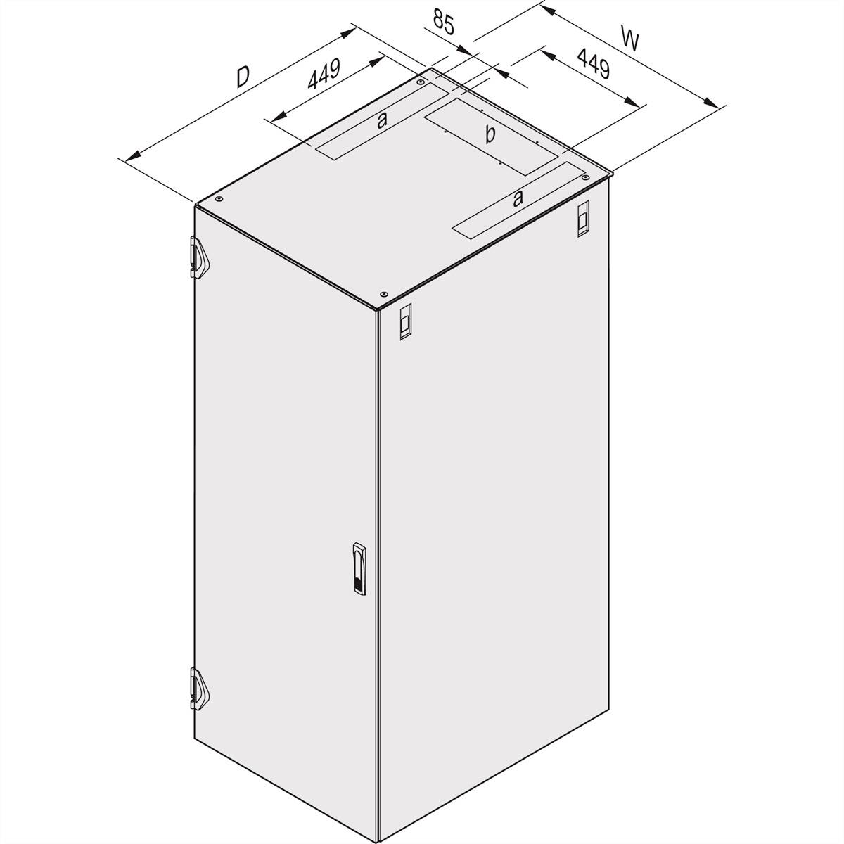 Technische tekening van een rechthoekige kast met handgrepen, bovenaan voorzien van afmetingen D en W, beide 449, evenals andere afmetingen a, b en 85 mm.