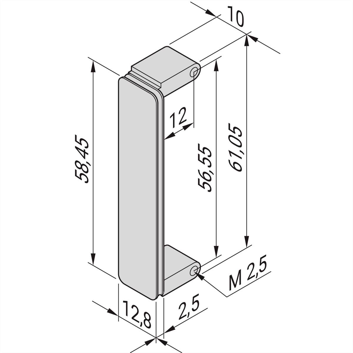 Technische tekening van een rechthoekige handgreep met gedetailleerde afmetingen: lengte 61,05 mm, breedte 12,8 mm, boring M 2,5.