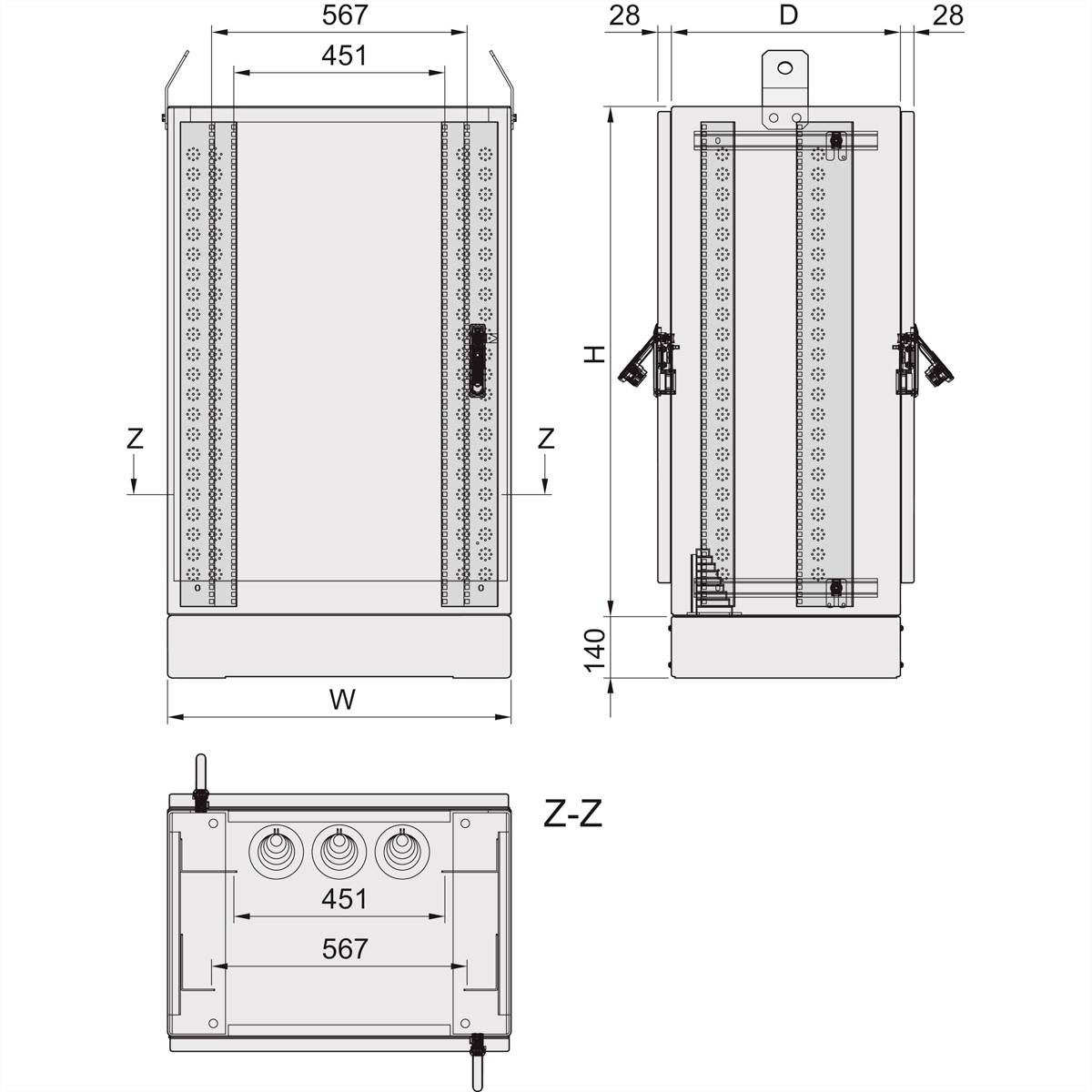 Technische tekening van een rechthoekige kast met afmetingen in millimeters. Toont voor-, zij- en bovenaanzicht met details.