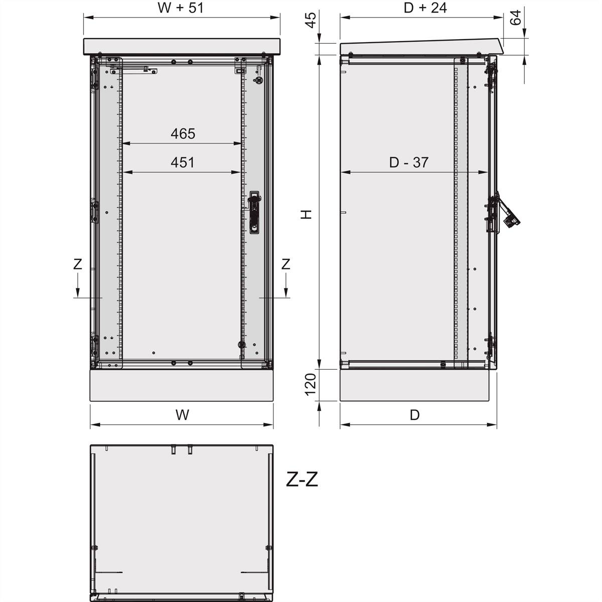Technische tekening van een kast, vooraanzicht en zijaanzicht. Afmetingen: Breedte B plus 51 mm, Diepte D plus 24 mm, Hoogte H. Voorkant toont 451 mm en 465 mm. Doorsnede Z-Z onderaan.