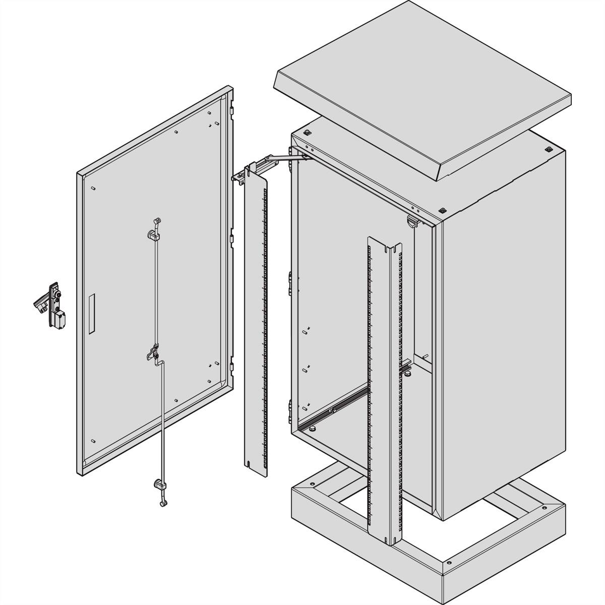 Isometrische tekening van een open metalen kast met verwijderd deksel en geopende deur. Zichtbare bevestigingen en scharnieren.