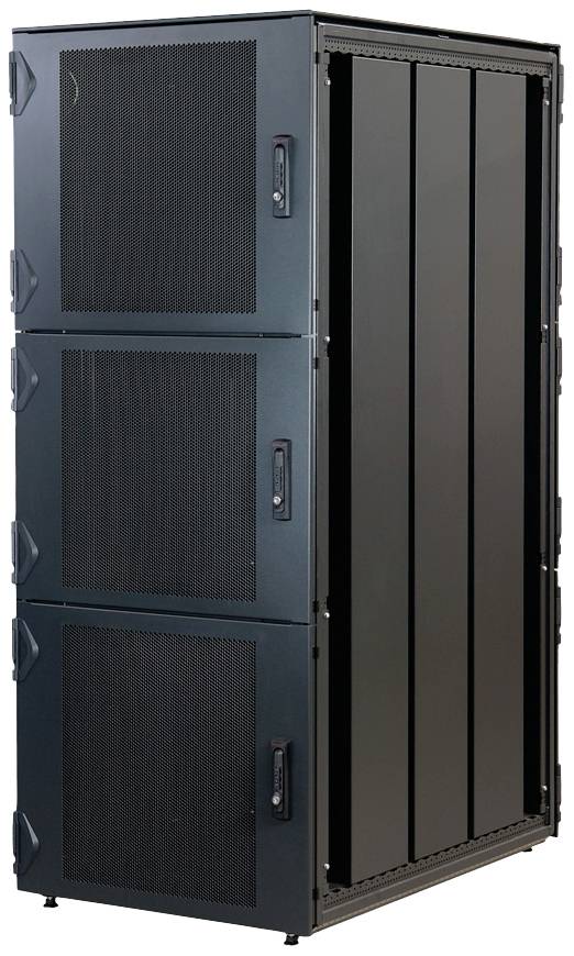 Een zwarte serverrack met meerdere afgesloten deuren. Ontwikkeld voor de opslag van IT-apparatuur en netwerkapparatuur.