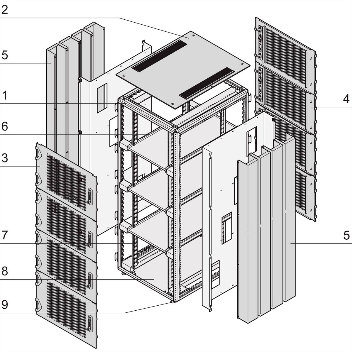 Exploded view van een serverrek met vijf genummerde componenten, waaronder zijwanden, ventilatie-eenheden en inschuifbare legplanken.