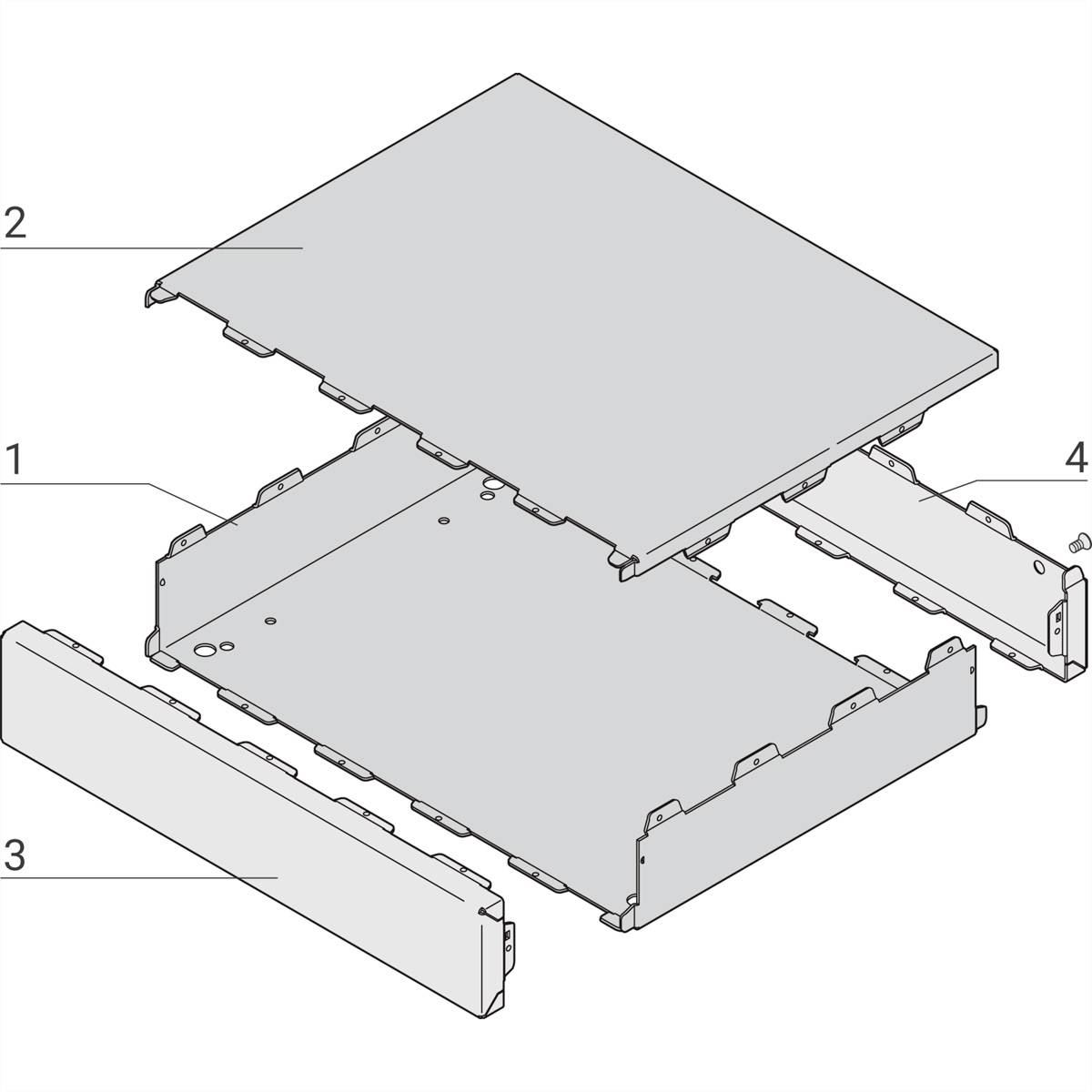 Ontploffingstekening van een rechthoekige doos met genummerde onderdelen: 1, 2, 3, 4, die samen de structuur van de doos vormen.